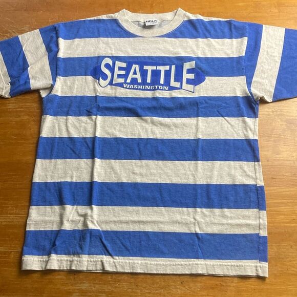 HRLA Vintage Striped Seattle Washington Tee Shirt 100% Cotton Grey Blue size S/M - Picture 1 of 7